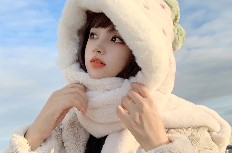 Cappello di Natale per bambini, dolce e carino, sciarpa e guanto di peluche alla fragola, in un unico pezzo, peluche invernale, addensamento caldo tre_voghion.com