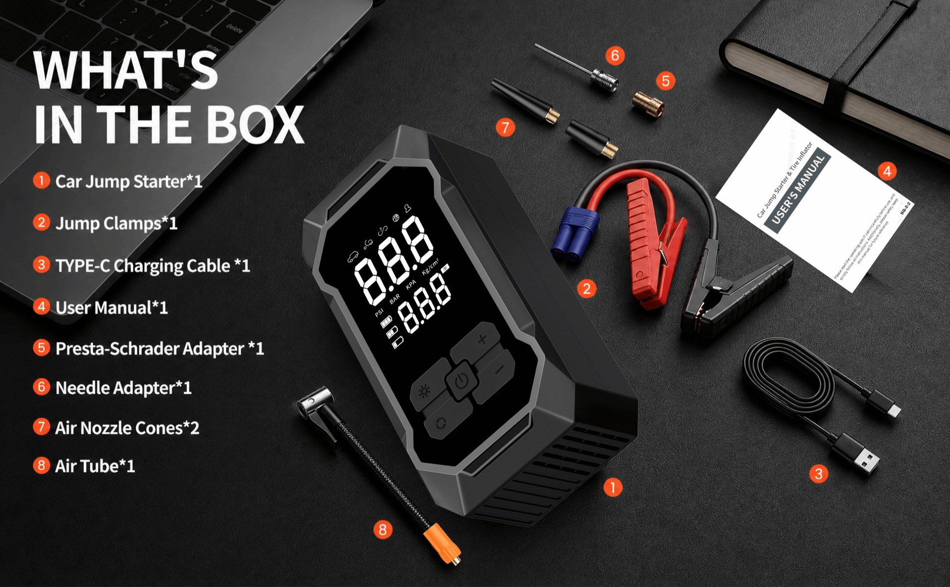 Cross-border emergency power supply and inflator all-in-one device, car-mounted wireless inflator, portable car jump starter and air pump