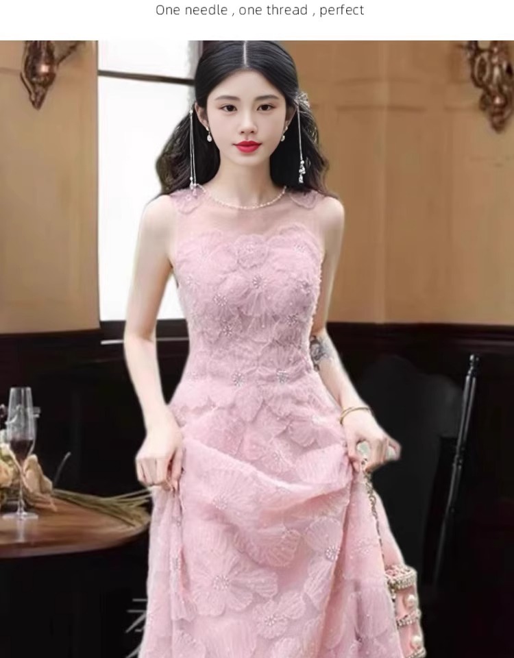 Váy maxi nữ thắt eo cổ chữ U không tay dáng chữ A — màu hồng chi tiết 7