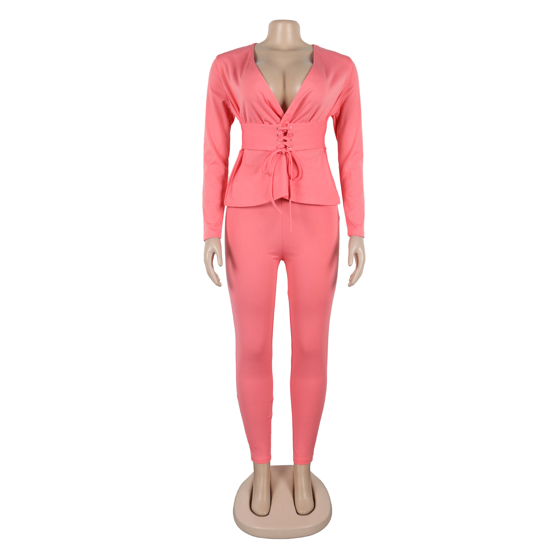 Conjunto de dos piezas de blusa y pantalón de manga larga con escote en V y cintura ajustada de color liso