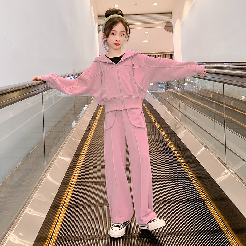 Kinder kleidung, mädchen herbst mode set, große langarm kapuzen jacke, gerade bein hosen, kinder_voghion.com