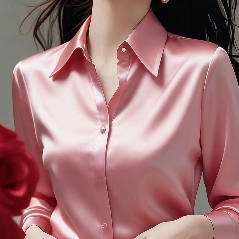 100 High-End Silk Shirts from the Clearance Collection] Loose-Fitting Women's Long-Sleeve Silk Shirt, Solid Color Top with Exposed Shoulders