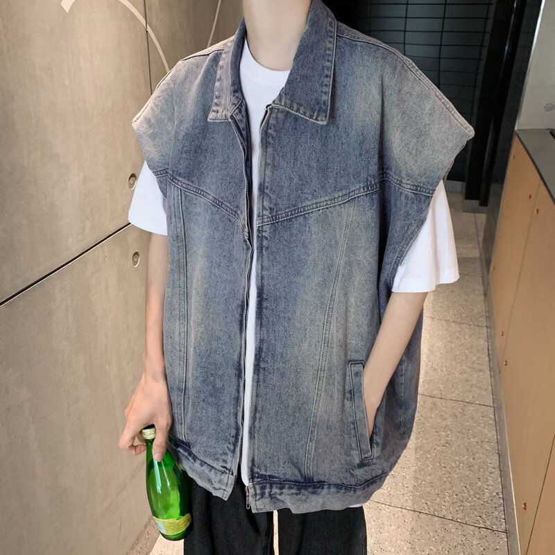 Denim Vest Men's 2023 New Fashion Brand Ripped Zipper Motorcycle Jacket Waistcoat Sleeveless Vest Jacket Hair Stylist