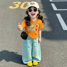 女童韩系套装夏季2026新款洋气休闲儿童字母短袖波点阔腿裤两件套