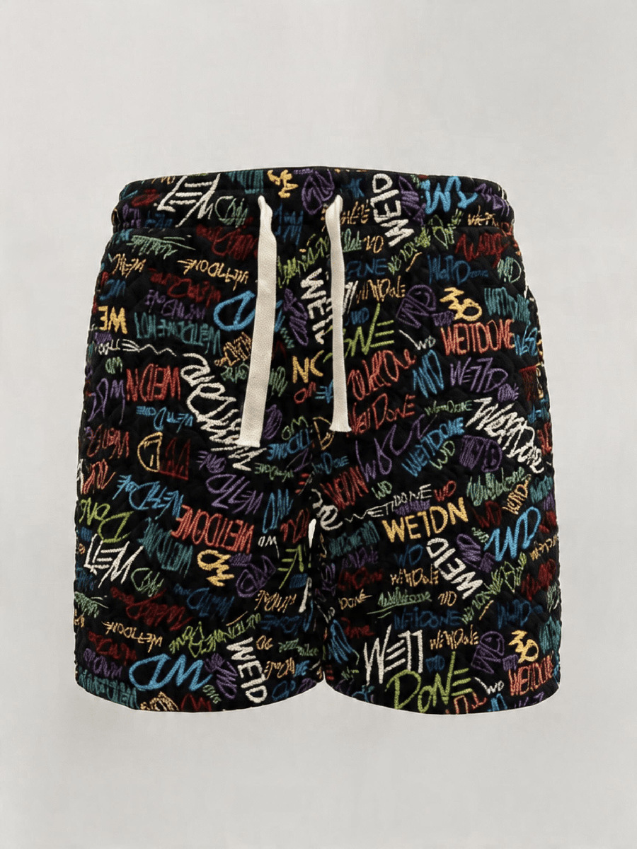 Retro Full Print Graffiti Lettering Men's Summer Shorts, High Street Loose Fit Straight Leg 5-Point Shorts_viptrois.com