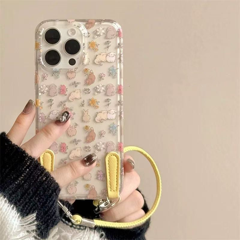 Spring ins lindo conejito floral para iphone15 hebilla de cuero cuerda 16ProMax Apple 14/13 funda para teléfono móvil