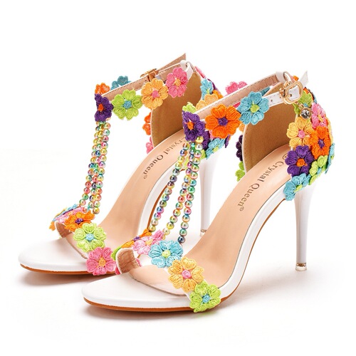 Rainbow rose flowers 9 cm high-heeled sandals bridesmaid wedding strap Evening Party singers wedding party Sandals colorful lace Roman sandals shoes for women