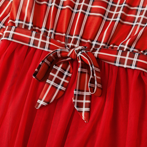 Christmas parent-child red plaid dress xmas party red lattice mesh stitching parent-child European and American stage performance parent-child wear