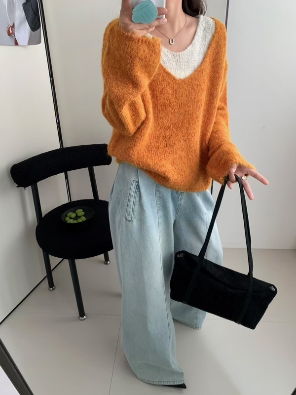 假两件拼接v领针织衫毛衣女早秋新款宽松显瘦软糯长袖打底衫上衣|undefined