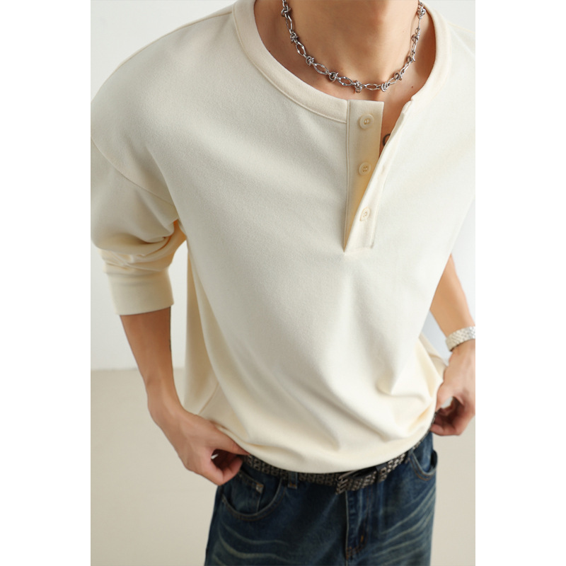 Solid Color American Style Henley Collar Sweatshirt For Men, Autumn Waffle Long Sleeve T-Shirt, High-End Cool Inner_voghion.com