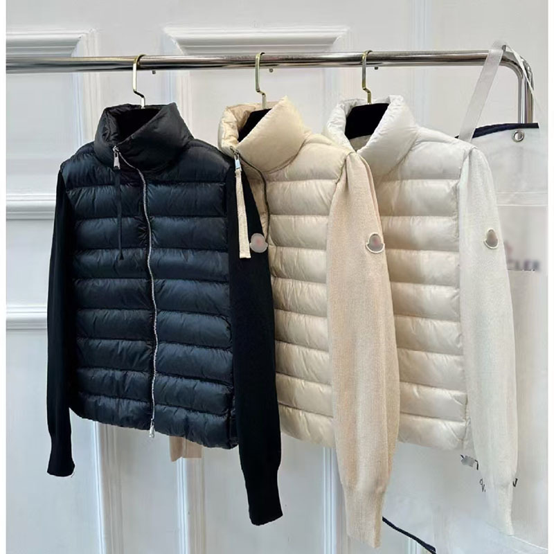 M Brand's New Women's Stand-Collar White Wool Knit Patchwork Lightweight down Jacket Soft Cardigan Ribbed Coat