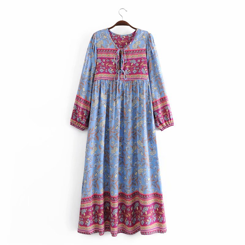 spring rayon watermark flower tassel long sleeve long dress  NSAM28402