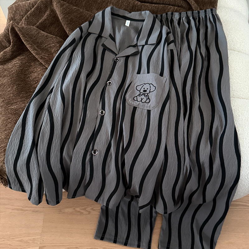 Striped Puppy Spring, Autumn and Winter Men's Pajamas Long-Sleeved Pants Home Clothes Thin Men's Youth Casual Suits