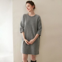 圆领长款套头五分袖秋冬新款100%纯山羊绒衫女针织衫保暖打底上衣