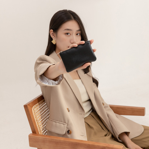 Unisex New Lychee Pattern Simple Zipper Wallet Ultra-Slim Short Zipper Card Coin Key Holder Purse