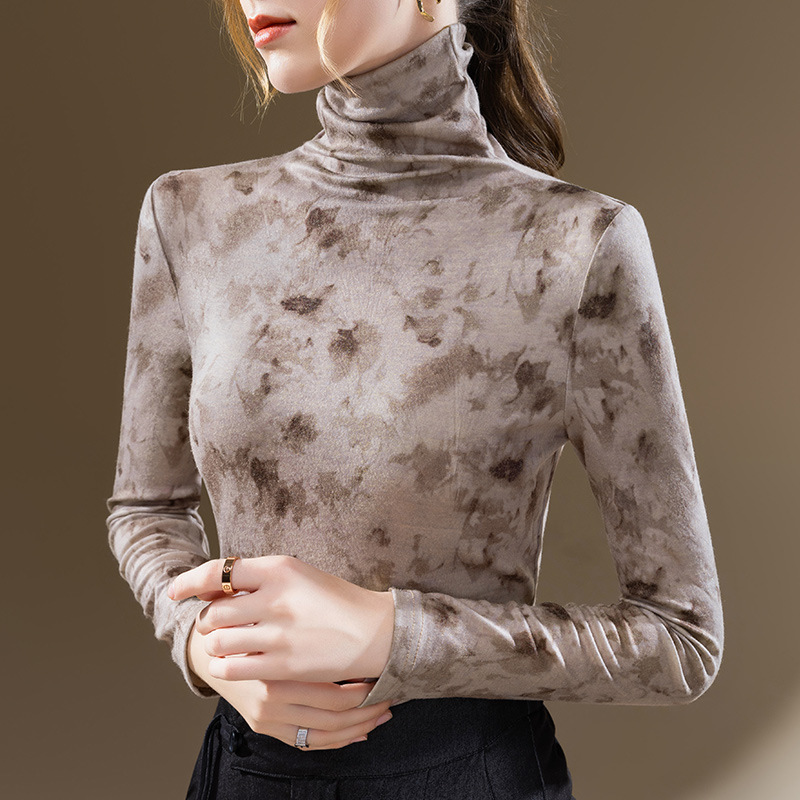 Camisa de fondo de cuello alto para mujer 2023 nuevo estilo europeo ropa de mujer estilo occidental impreso manga larga cepillado camiseta cintura-top interior ajustado