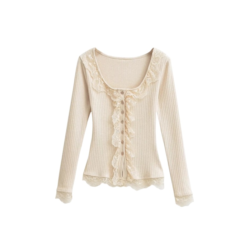 Niche Sweet Girl Large U-neck Lace Stitching Long-sleeved Sweater Women's Single-breasted Slim-fit Pure Cardigan Top