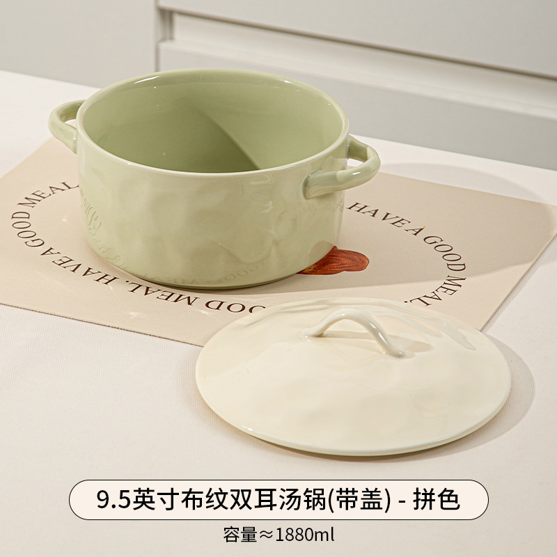 Olla grande de cerámica estilo japonés de lujo ligero, estilo crema, para sopa, fideos instantáneos, tazón grande para sopa, vajilla de cerámica