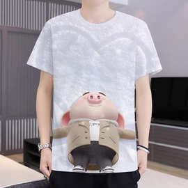 2024跨境男装T恤，欧美男式夏季休闲T恤3d印花街头服饰小猪图案