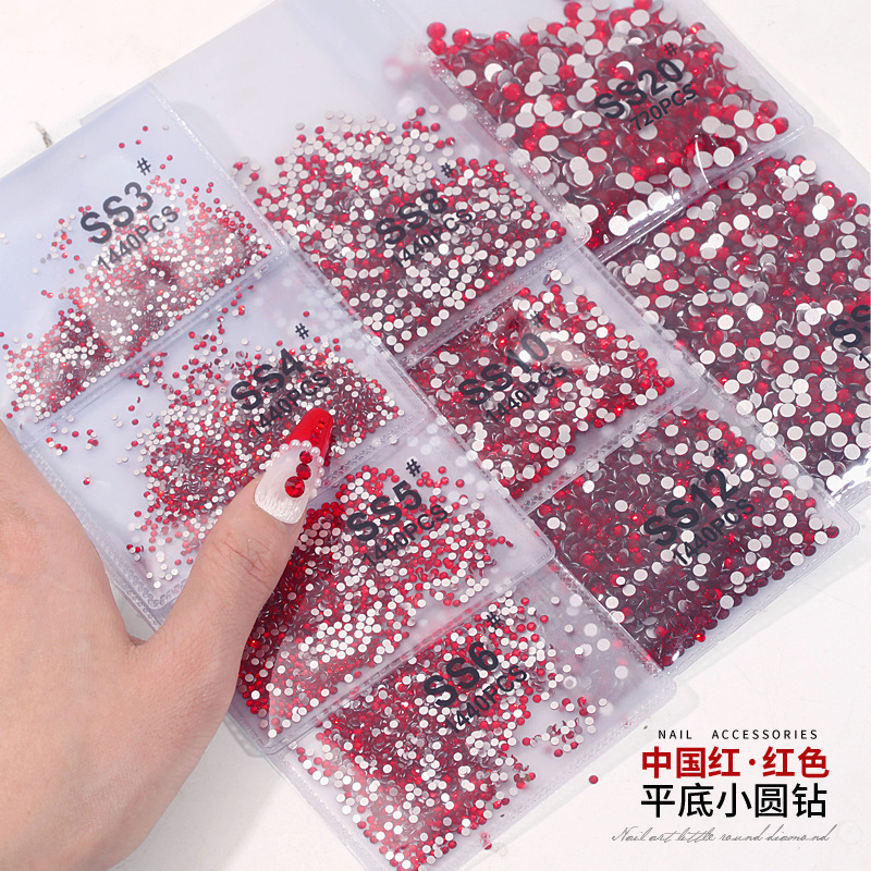 Spring Pomelo Red Flat Bottom Small Round Diamond Big Red Round Diamond Super Flash Glass Rhinestone New Year Red Christmas Red Nail Jewelry