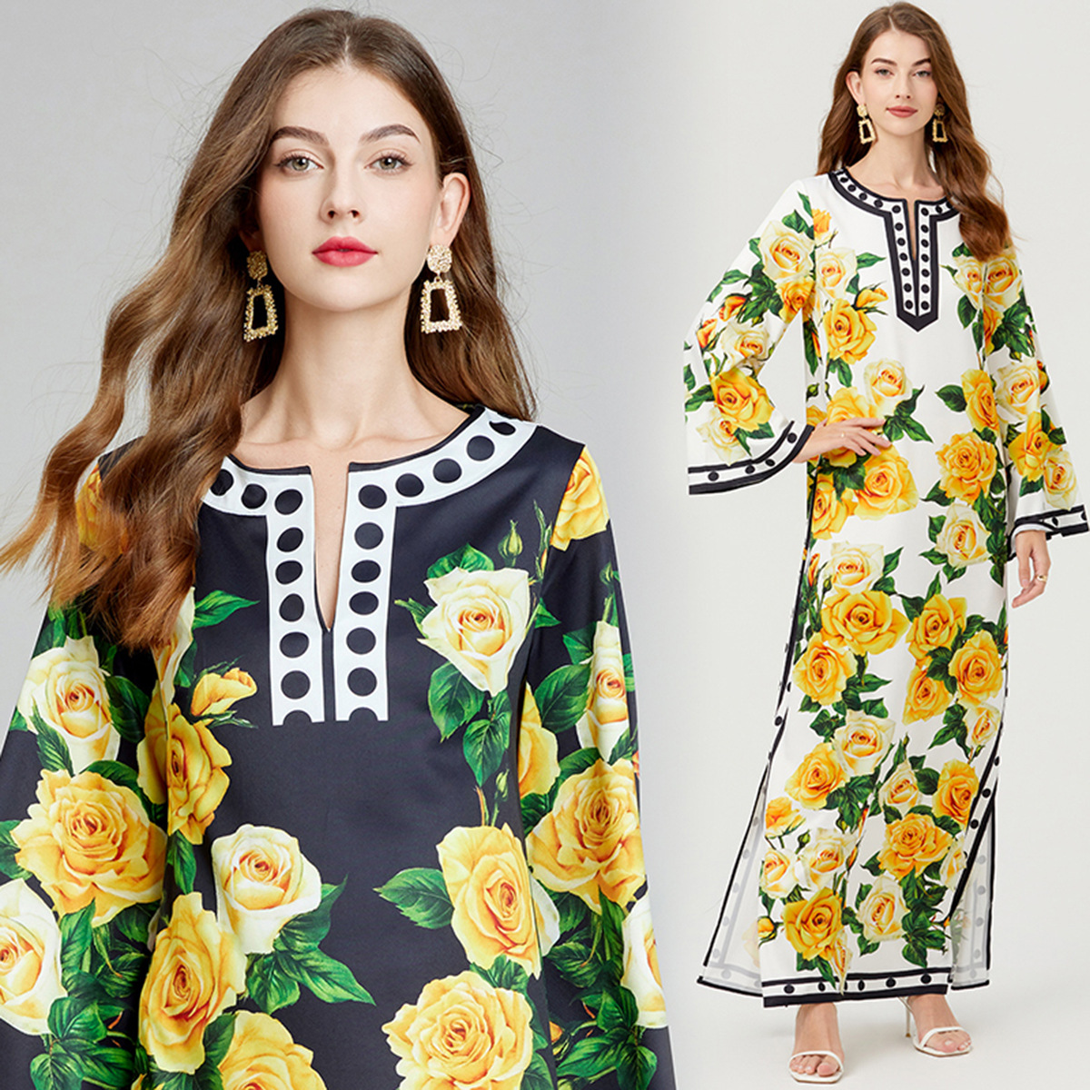 Đầm maxi nữ thắt eo in hoa hồng vàng phong cách nghỉ dưỡng — Màu đen, Màu vàng chi tiết 1