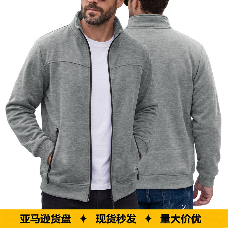 Cross-border men's autumn and winter American-style fleece stand-up collar jacket with zipper and side pockets, outdoor casual cardigan coat Cross-border men's autumn and winter American-style fleece stand-up collar jacket with zipper and side pockets, outdoor casual cardigan coat