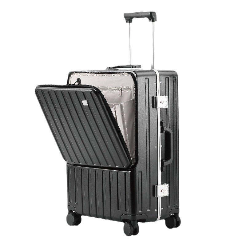 Apertura frontal equipaje de las mujeres marco de aluminio de los hombres caso de embarque maleta de 20/24 pulgadas soporte para teléfono móvil caja de la carretilla de carga USB