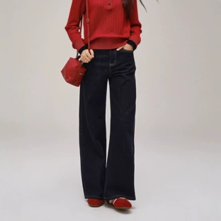 藏青色高腰牛仔长裤女26冬季新品丹宁水洗百搭显瘦磨毛加厚直筒裤