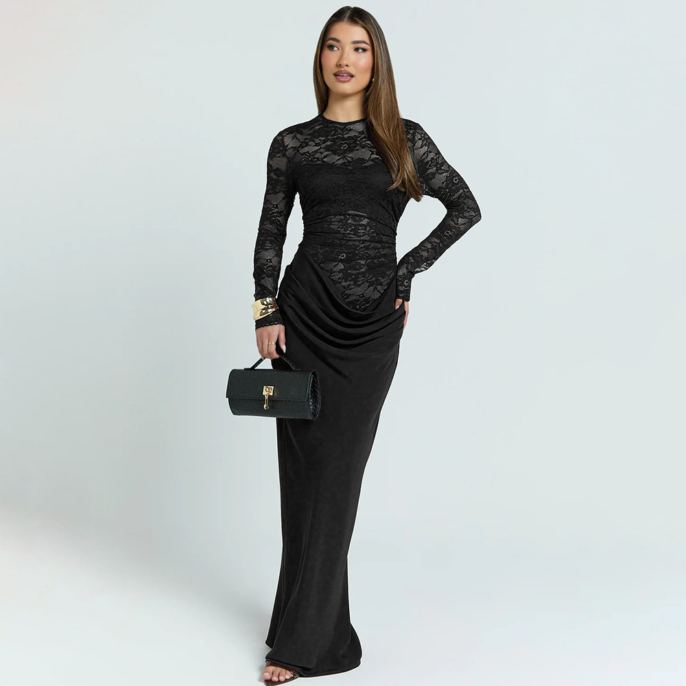 Primavera de estilo europeo y americano de ropa de mujer nuevo temperamento elegante cuello redondo de pecho de manga larga de encaje sexy vestido de empalme image 8