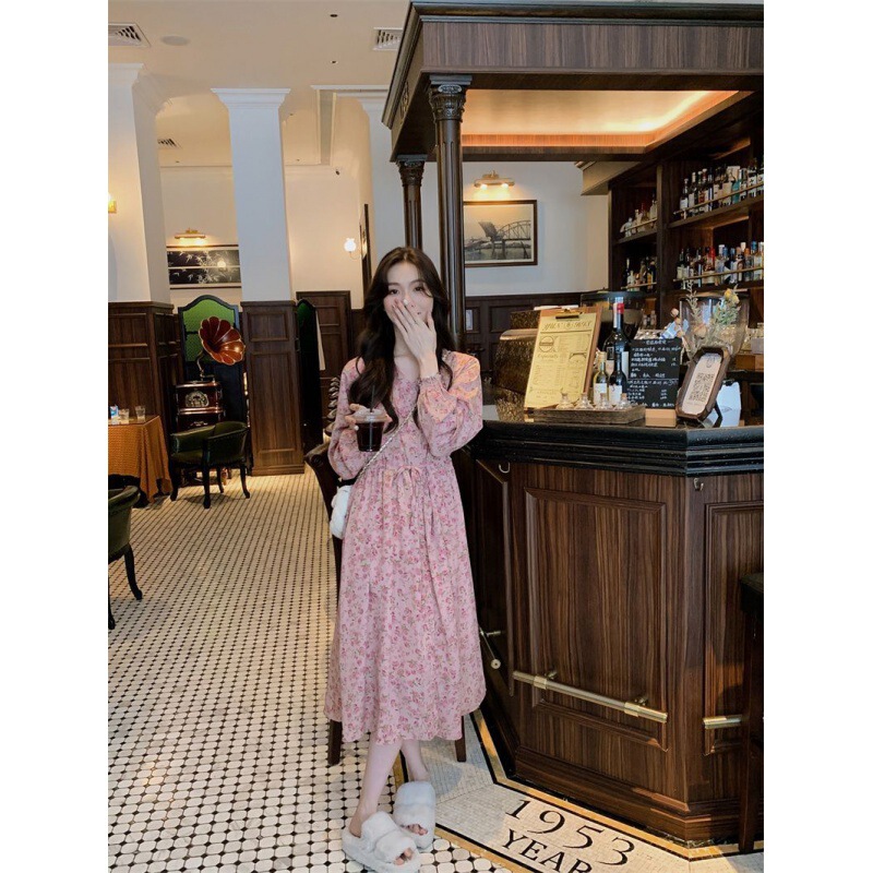 2025春秋新款玫瑰茶歇连衣裙花瑶印花气质V领中长款碎花连衣裙女|undefined