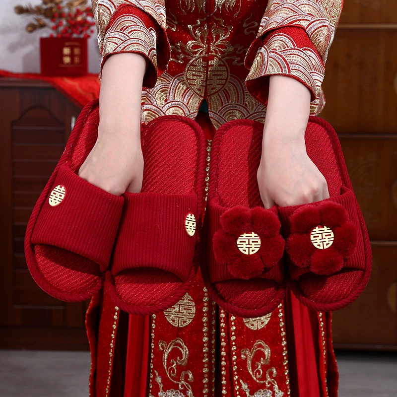 Свадебные тапочки для молодоженов, для дома, летние, красные, для мужчин и женщин, парный набор, свадебное приданение, невеста, свадьба, парный стиль.