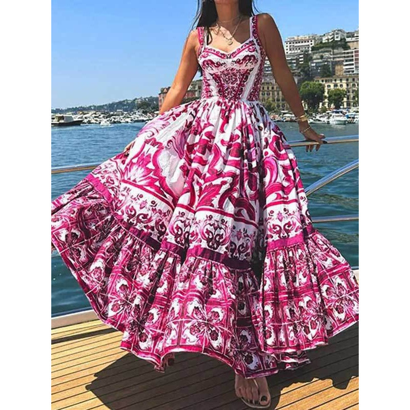 2024 New Summer Style European and American Cross-Border Women's Printed Sleeveless Pleated Waist Mid-Length Suspender Dress