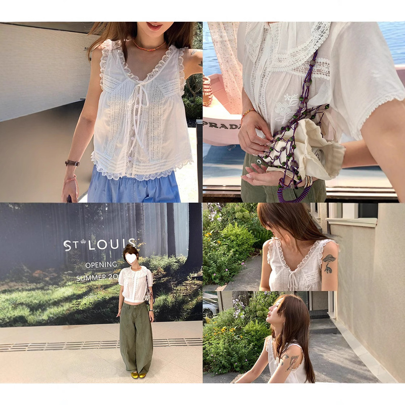 In-Stock Chloe Embroidered Lace Series Tencel Ramie 3W Needle Embroidered Cardigan & Striped Lace Trim Vest