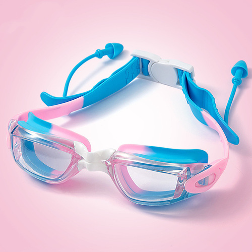 Professional children's swimming goggles for boys and girls waterproof and anti-fog HD earplugs one-piece large and small frame swimming and diving glasses wholesale