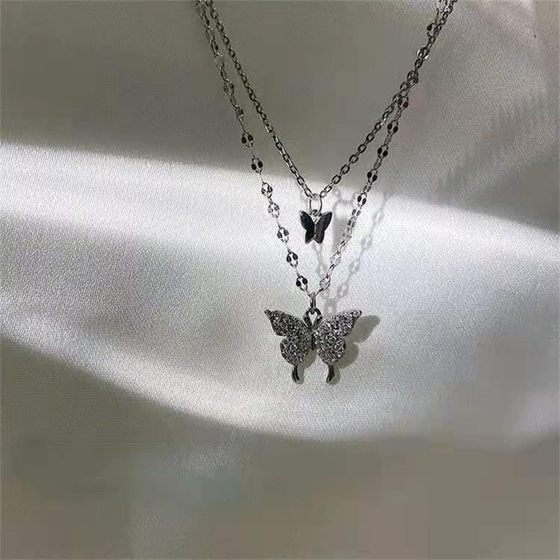 Collana a farfalla con zirconi micro incastonati a doppio strato coreano da donna, con diamanti scintillanti, delicata collana fredda_voghion.com