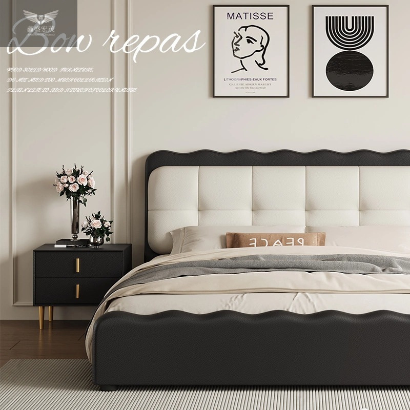 Camas dobles retro, cama francesa retro, dormitorio principal, cama de cuero negro, cama ondulada italiana moderna y simple.