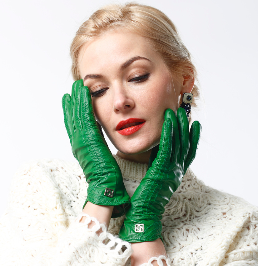 Amazon moda mujer invierno guantes calientes Cordero real cuero hecho a mano curva guantes de piel de oveja KU-036