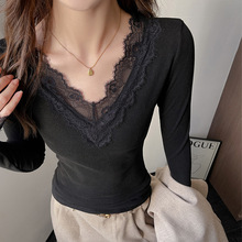 秋冬V领蕾丝拼接纯欲长袖正肩t恤女士内搭打底衫螺纹显瘦新款上衣