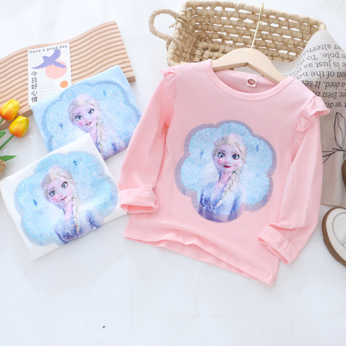 Children's autumn bottoming shirt girls' long-sleeved T-shirt double-sided color-changing sequined princess top cotton