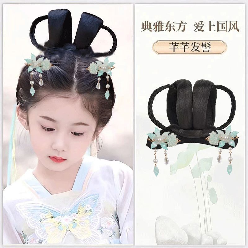 子供用古代衣装ヘアピース、かわいい女の子用漢服風ヘアピースセット、シンプルで多用途な古代風おだんごヘアバッグ|undefined