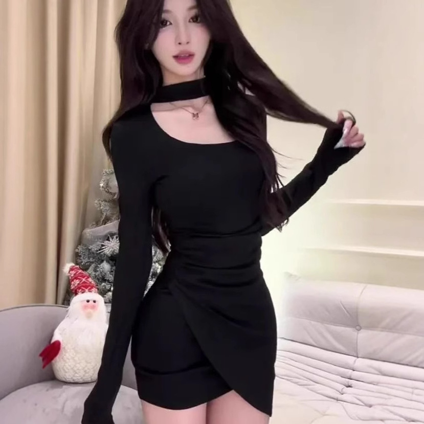 (2개) 순수한 슬림 목 원피스 여성 2024 가을과 겨울 새로운 그물 붉은 달콤한 매운 허리 엉덩이 바닥 치마를 원한다