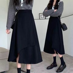 プラスサイズの女性服、太ったMMの黒いスカート、股や太い太ももに適した女性用の不規則なスカート、お腹をカバーしてスリムに見えるAラインスカート