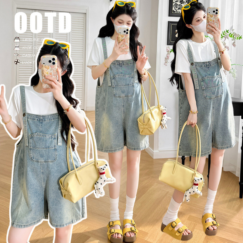Denim Maternity Overalls for Women, Summer New Style, Loose Retro, Age-Reducing, Stylish, Petite One-Piece Shorts Two-Piece Set Denim Maternity Overalls for Women, Summer New Style, Loose Retro, Age-Reducing, Stylish, Petite One-Piece Shorts Two-Piece Set