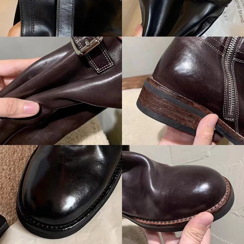 水洗牛皮~真皮黑色复古长靴百搭显瘦粗跟骑士靴女长筒靴高筒靴子|undefined
