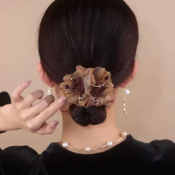 Head Flower Double Flower Large Intestine Hair Ring Pearl Ball Head Coil Hair Rope Advanced Sense Headwear High Elastic Tie Hair Rope for Women