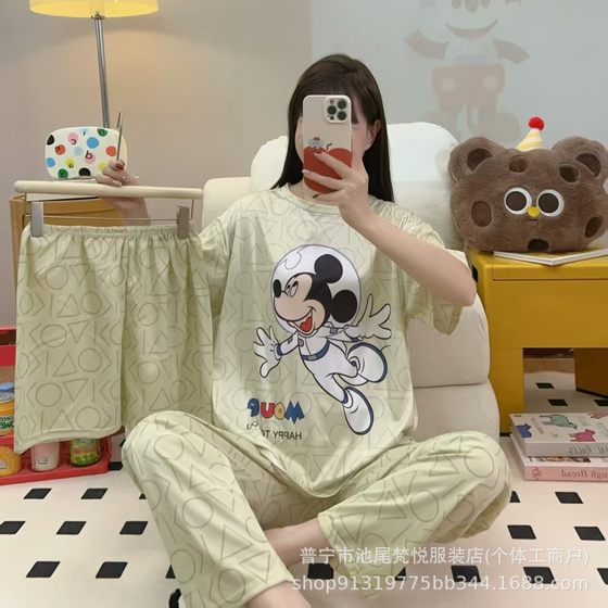 2025 Summer Pajamas Women's Short-sleeved Pullover New Mickey Three-piece Casual Crewneck suit Outfit