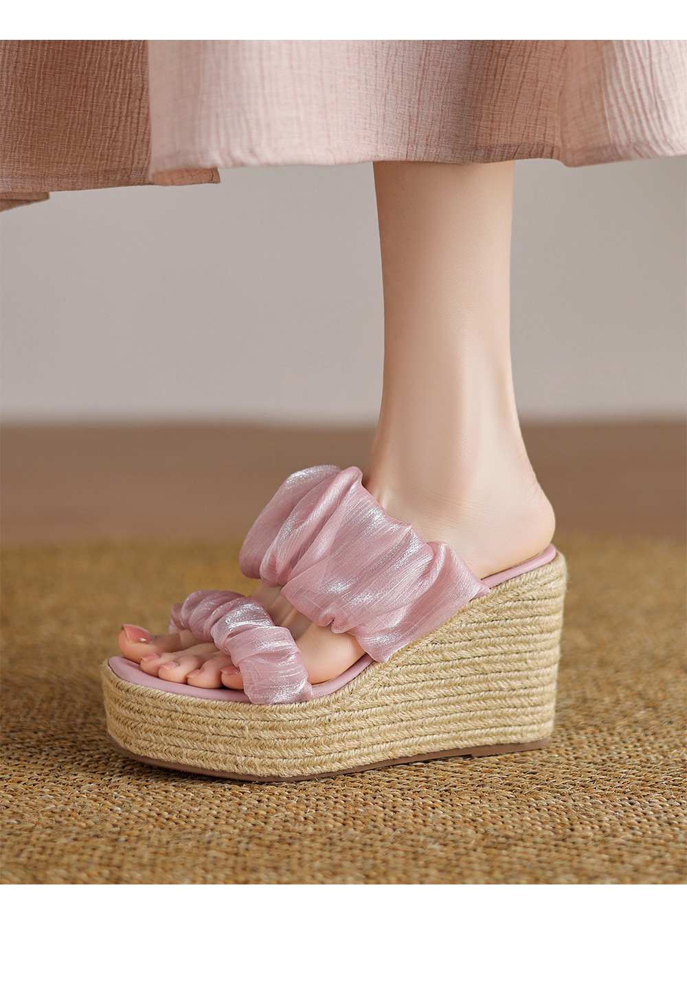 Sandal hở mũi cao gót 10cm quai ngang satin đế độn cao mới hè 2025 — Màu xanh lam nhạt, Màu hồng, Màu trắng be chi tiết 12