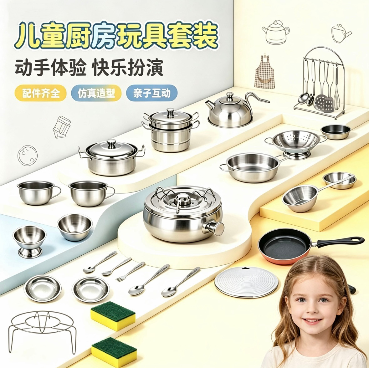 Stainless Steel Mini Kitchen Toy for Children, Pretend Play Educational Early Learning Simulation Cooking Kitchenware Accessories, Direct from Manufacturer