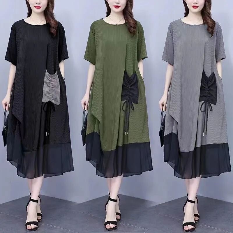 Dress plus size women's clothing chubby girl summer slimming belly covering mid-length dress for fat people