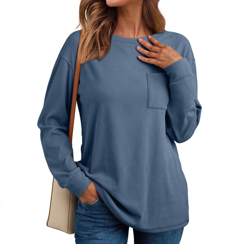 Amazon Cross-Border Women's Long-Sleeved Tops Amazon Autumn and Winter German Velvet Pocket Round-Neck T-Shirt Base Layer That Can Be Worn Outside